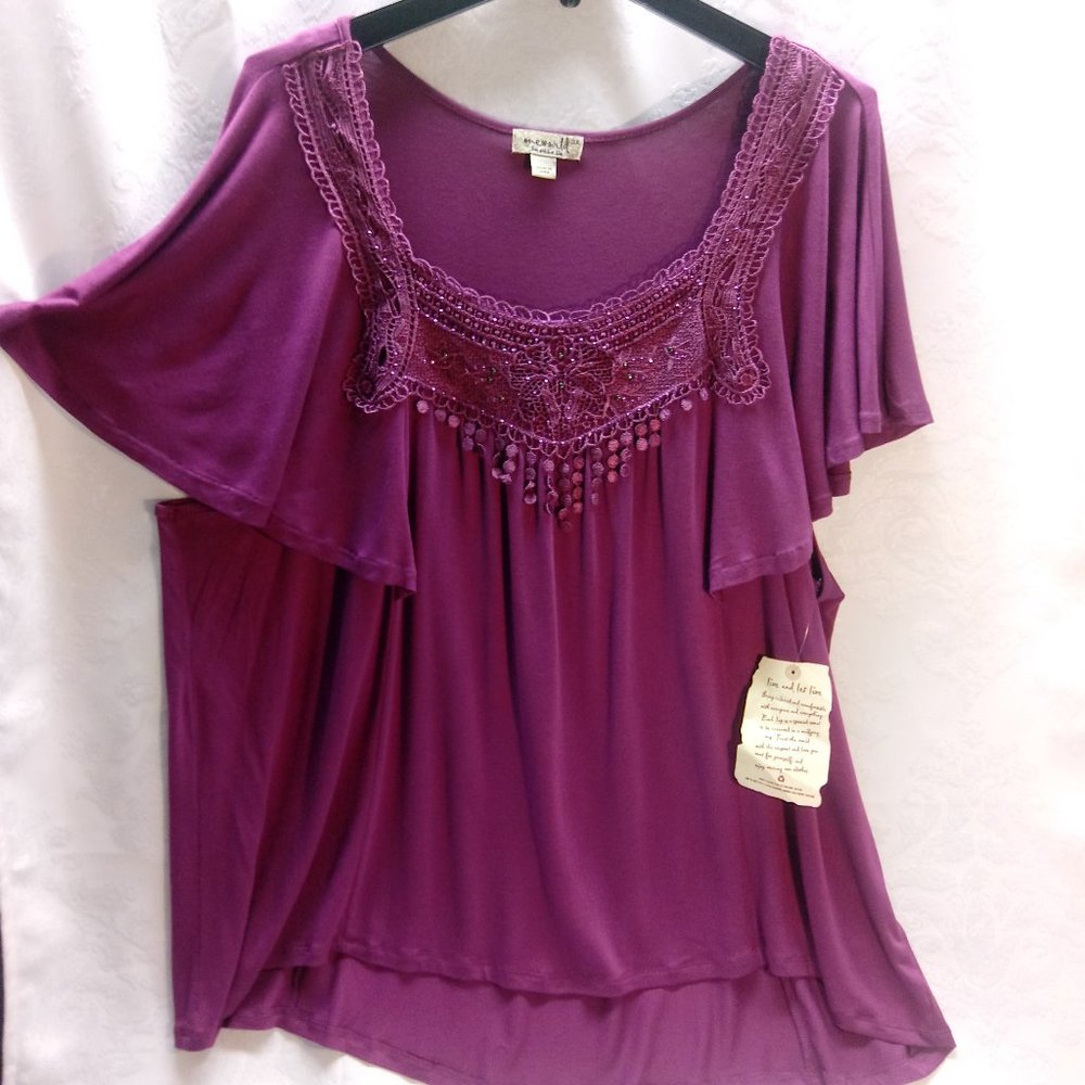 NEW ONE WORLD PURPLE TOP BLOUSE EMBROIDER BOHO 3X